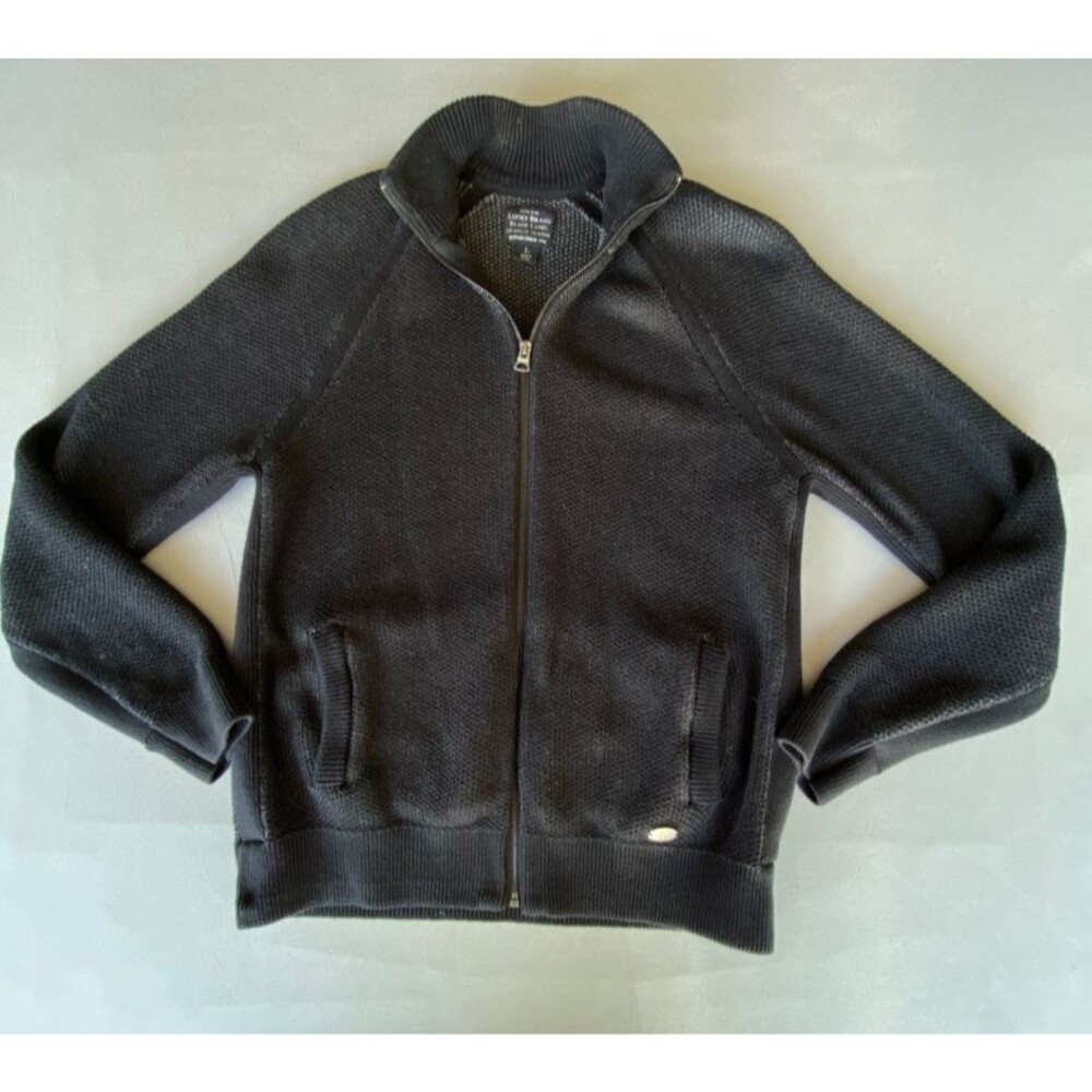 Lucky Brand Black Label Full Zip Sweater Men's L Black Cotton Mock Neck Jacket